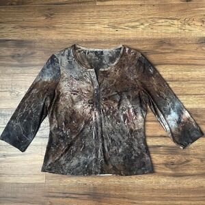 Brown Tie Dye Top 3/4 Sleeve Stretch Knit Blouse Women Medium Boho‎ Whimsygoth